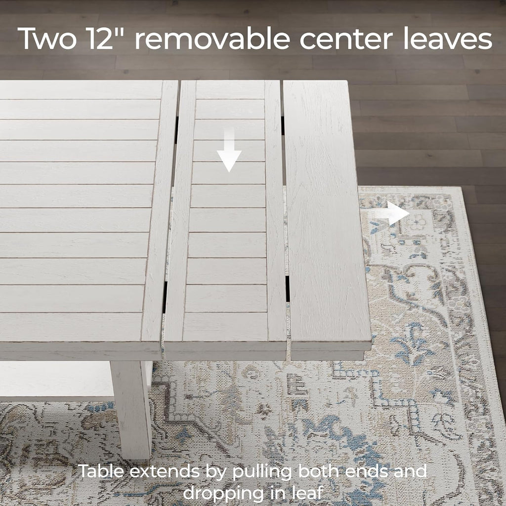 Signature Design by Ashley Robbinsdale Farmhouse Distressed Counter Height Dining Extension Table with Trestle Base, Planked Effect and 2 Removable End Leaves, White