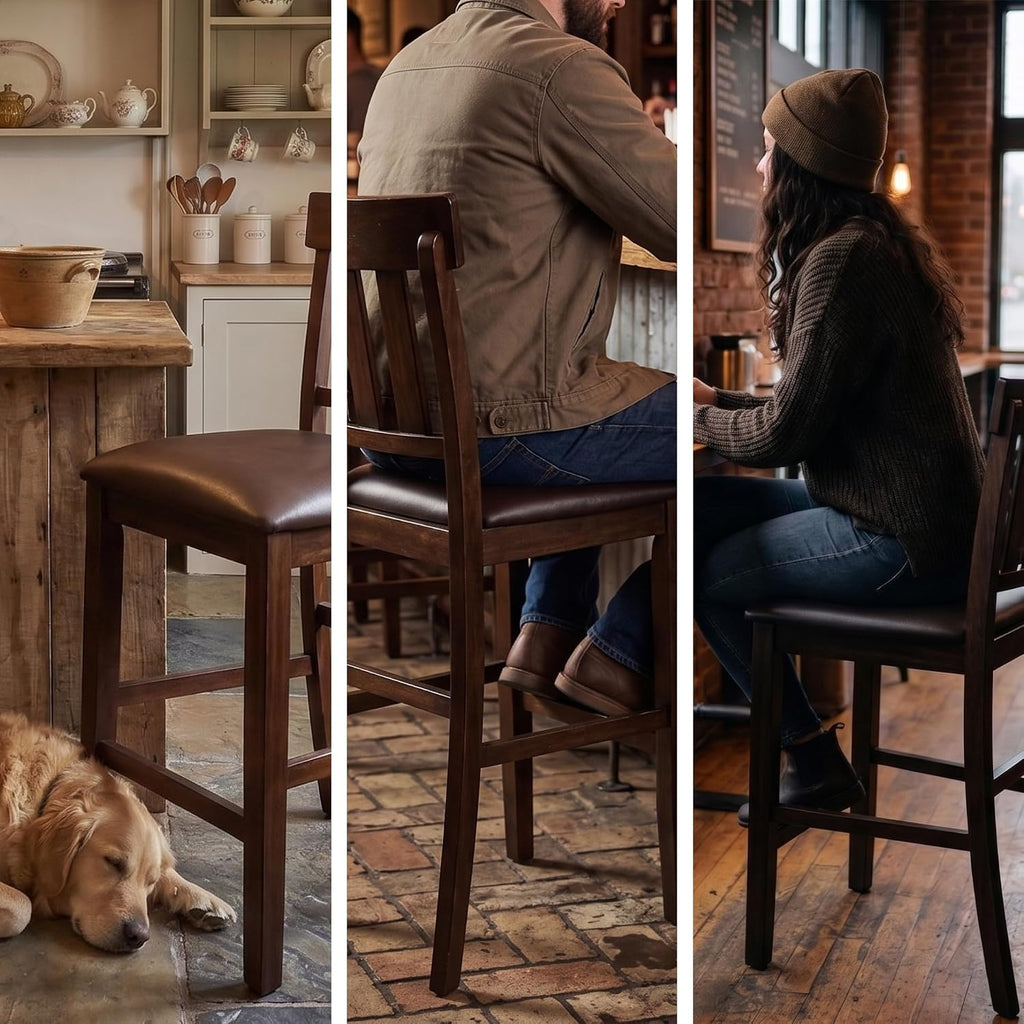 Signature Design by Ashley Haddigan Upholstered Barstool, 2 Count, Slat Back Design, Cushioned Seat, Wood, 25.5" H, Dark Brown