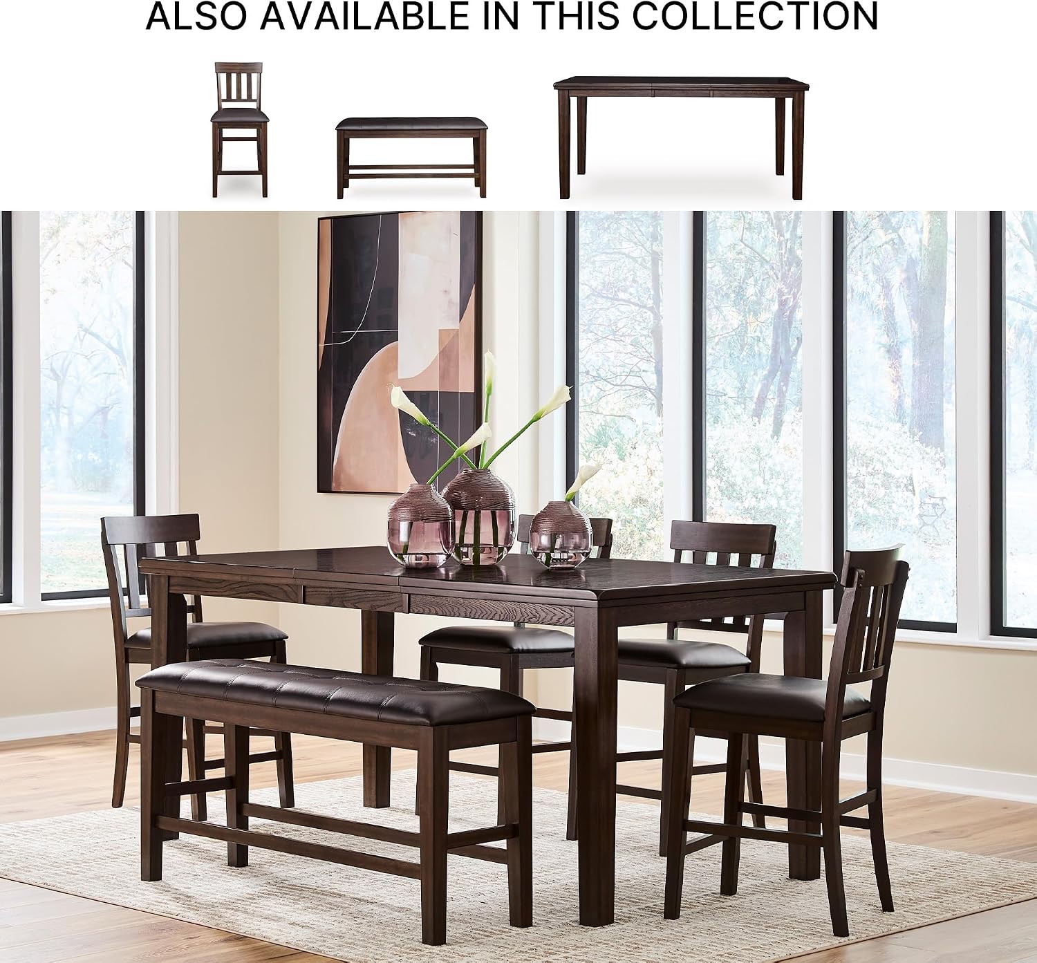 Signature Design by Ashley Haddigan Casual Tufted Faux Leather Upholstered Counter Height Dining Bench with Oak Finish, Dark Brown