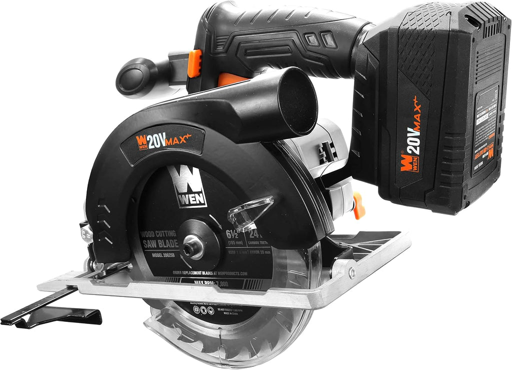 WEN Cordless Circular Saw, 6.5-Inch Blade with 20V Max 4.0 Ah Lithium-Ion Battery and Charger (20625)