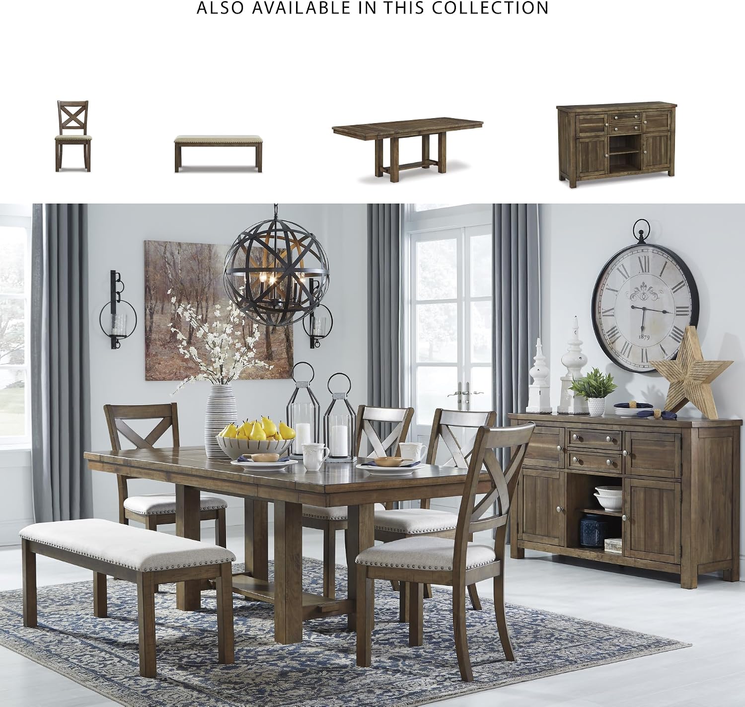 Signature Design by Ashley Moriville Vintage Casual Dining Room Buffet or Server with 4 Cabinets & Center Display Shelf, 2 Drawers, Wood, 56" Wide, Brown