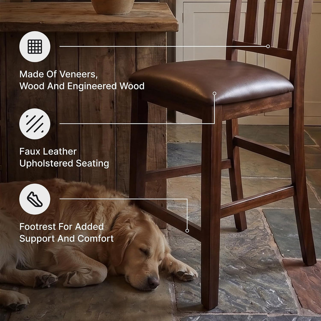 Signature Design by Ashley Haddigan Upholstered Barstool, 2 Count, Slat Back Design, Cushioned Seat, Wood, 25.5" H, Dark Brown