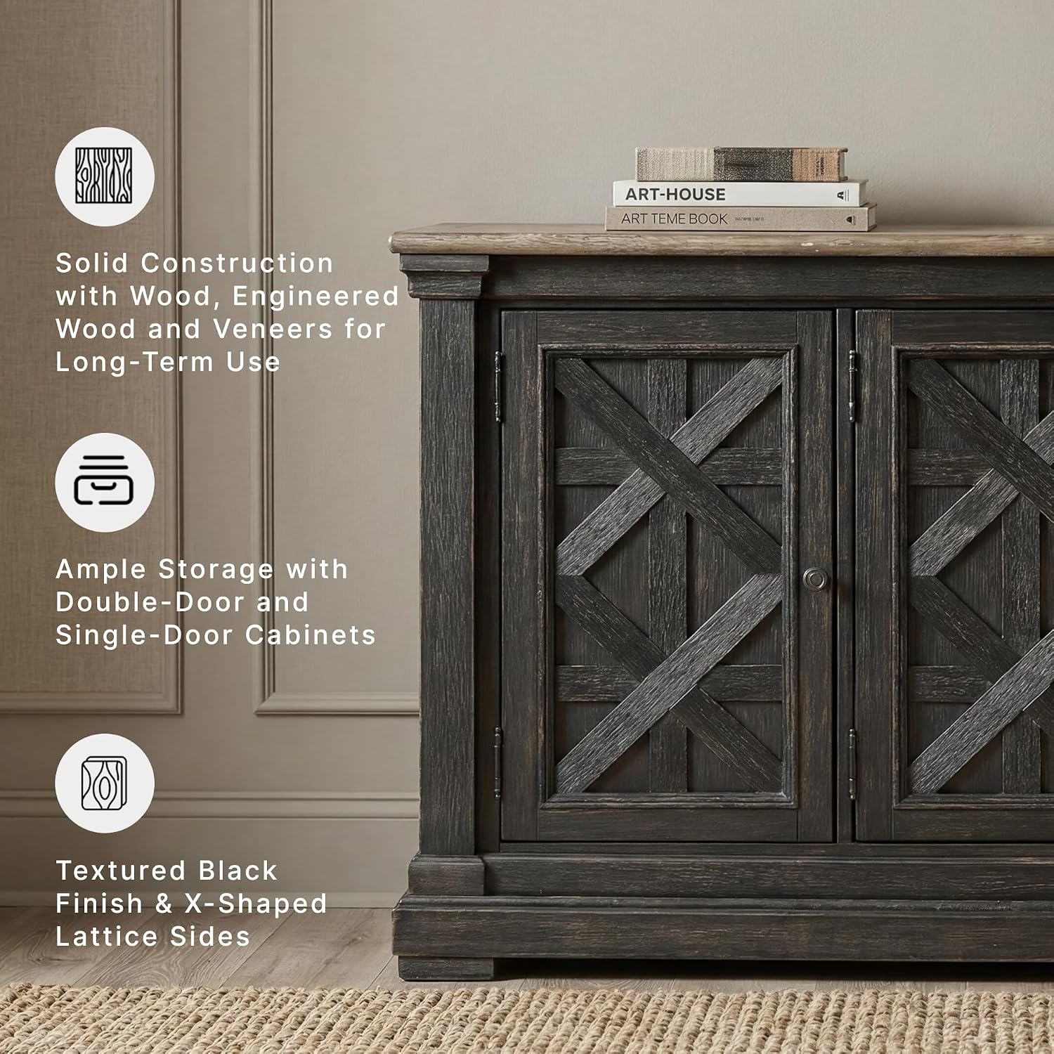 Signature Design by Ashley Tyler Creek Vintage Casual Dining Room Buffet Cabinet or Server with 3 Doors and Lattice Design, Wood, 36" High, Black & Gray