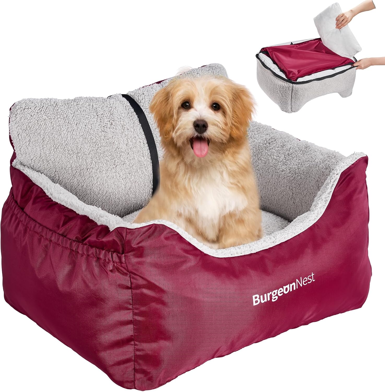 BurgeonNest Dog Car Seat for Small Dogs, Soft Pet Car Travel Home Bed Under 25 lbs, Fully Detachable and Washable Cat Booster Carseats with Storage Pockets and Clip-On Leash Portable Carrier,Black