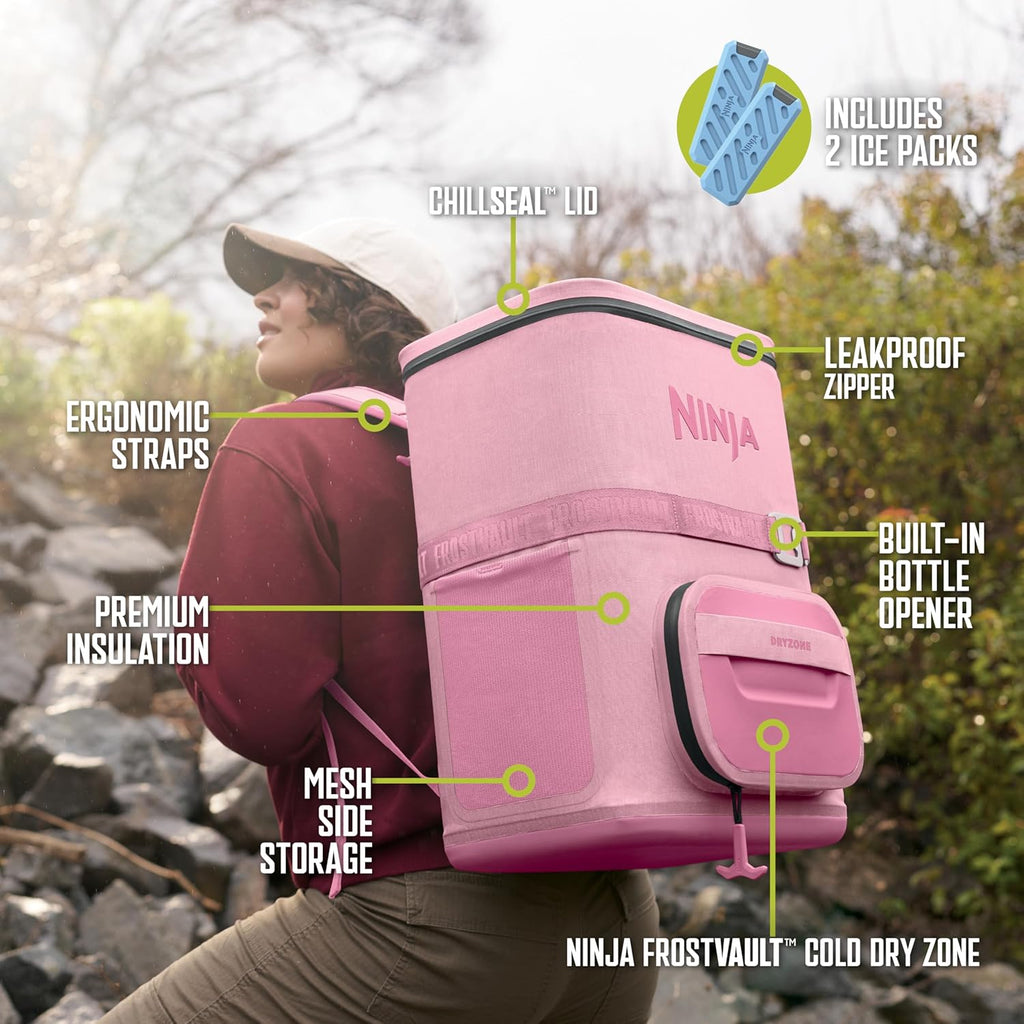 Ninja FrostVault Go Backpack Soft Cooler with Cold Dry Zone Storage, Ergonomic Backpack Straps for Lightweight Carrying, Premium Heavy Duty Insulated Cooler, Keeps Ice for Hours, Petal Pink, FF136PK