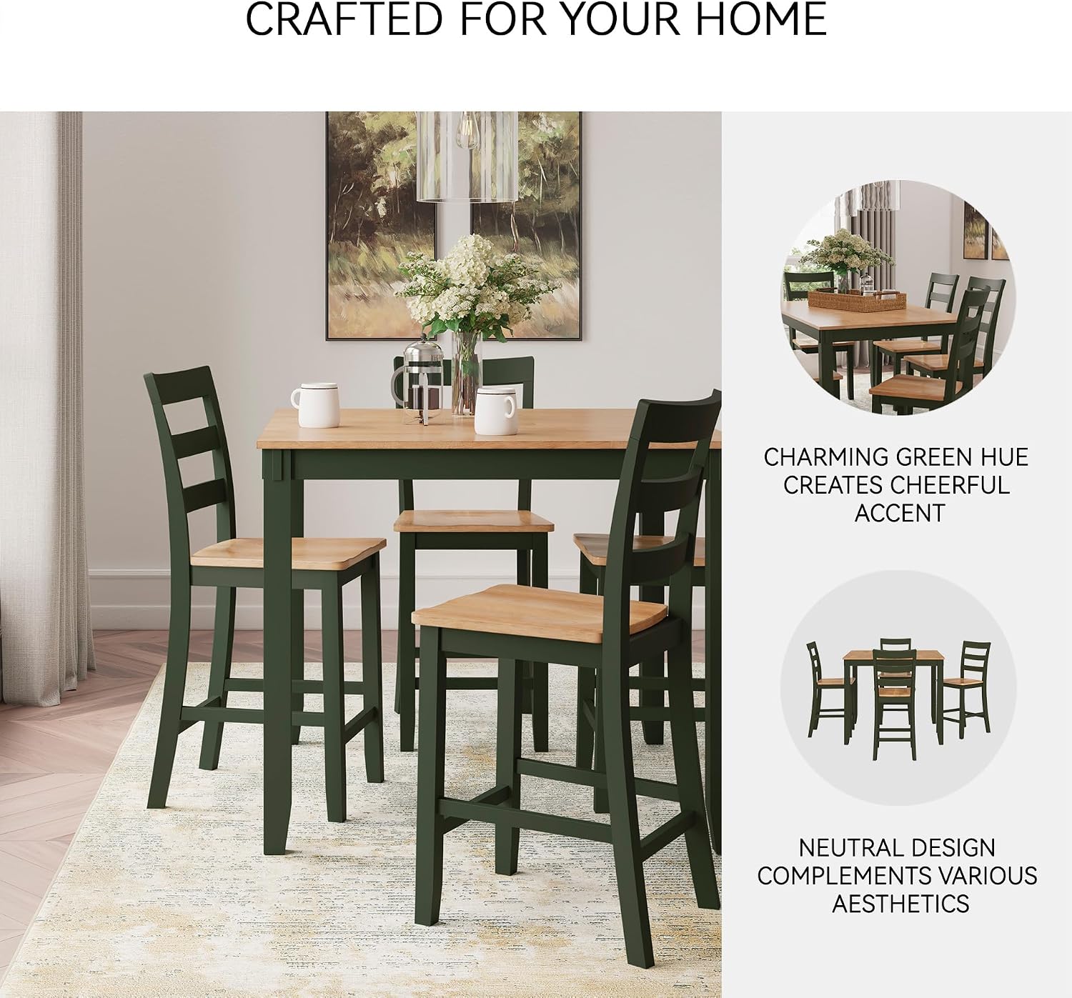 Signature Design by Ashley Gesthaven Counter Height Dining Set, 5-Piece Bar Table and Chairs Set with Butcher Block Top, Casual Green and Light Natural Mango Wood