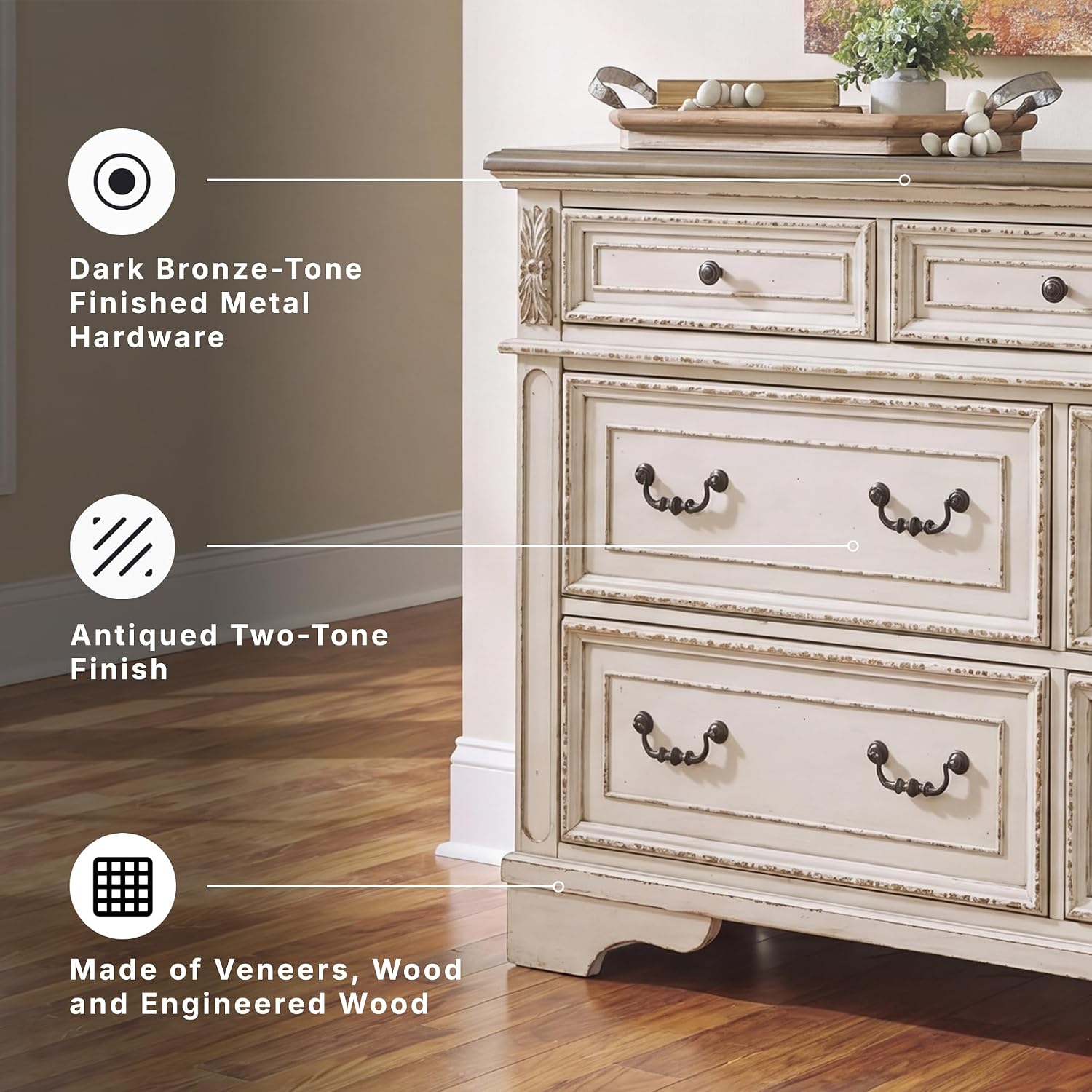Signature Design by Ashley Realyn | French Country 7-Drawer Two-Tone Dresser – Fully Assembled, Decorative Corbels, Chipped White with Distressed Wood Top