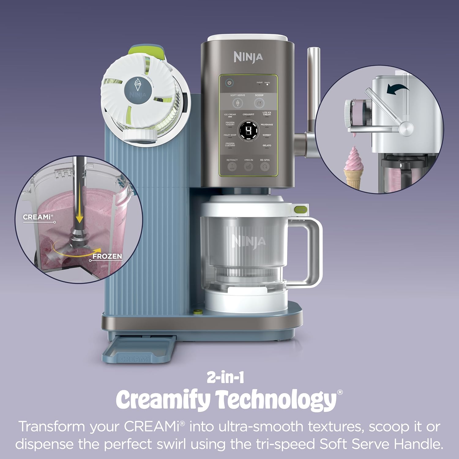 Ninja CREAMi Scoop & Swirl Ice Cream Maker, Soft Serve Desserts, Sorbet, Milkshakes, Frozen Yogurt and More, 13-in-1 Programs, Includes Handle and Two 16 oz 2-in-1 Pints, Blue, NC701ND