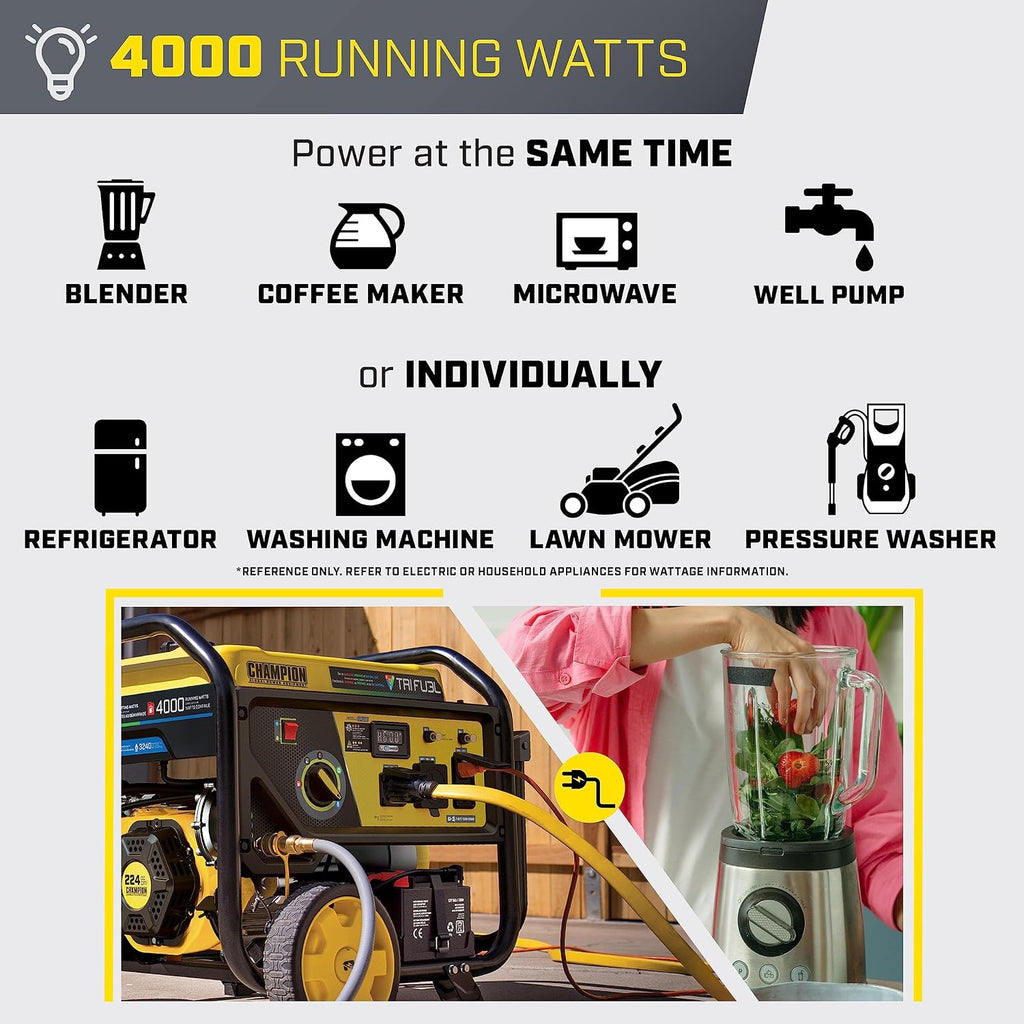 Champion Power Equipment 5000-Watt Electric Start Tri Fuel RV Ready Portable Generator with Free 3-Year Warranty