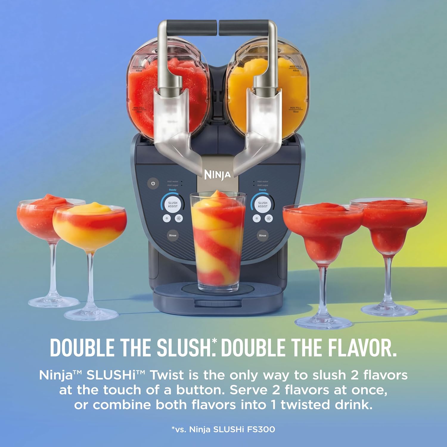 Ninja SLUSHi Twist Smart Frozen Drink Maker with Dual SlushAssist | Dual Barrel for 2 Flavors at Once | 144 oz |14 Temperature Controls, Frozen Cocktails, Margaritas, Slushies & More | Blue | FS701BL