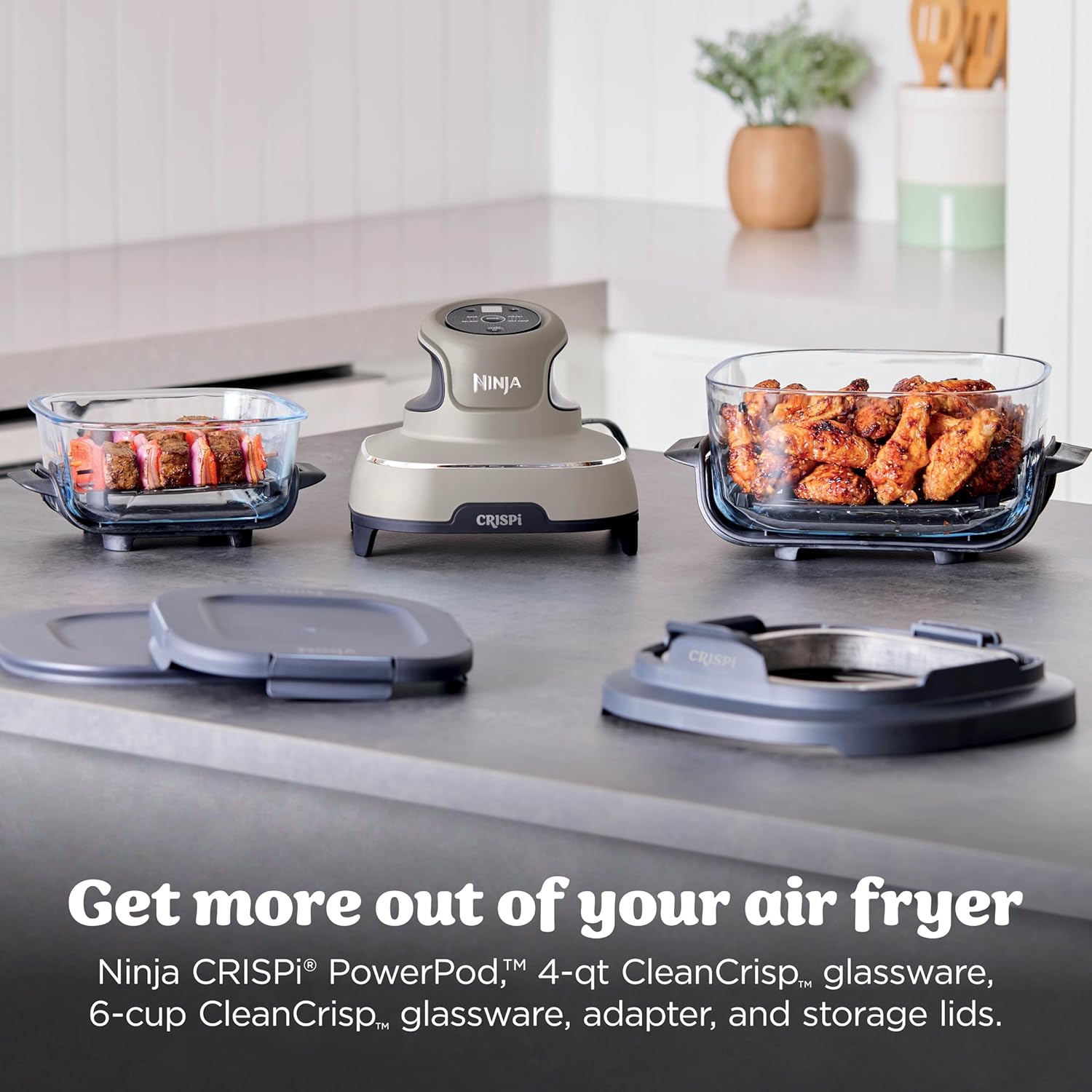 Ninja Crispi 4 in 1 Glass Air Fryer, 450°F, Non Toxic, 4QT and 6 Cup Containers with Lids, Dishwasher Safe, Stone, 1 Count, FN101ST