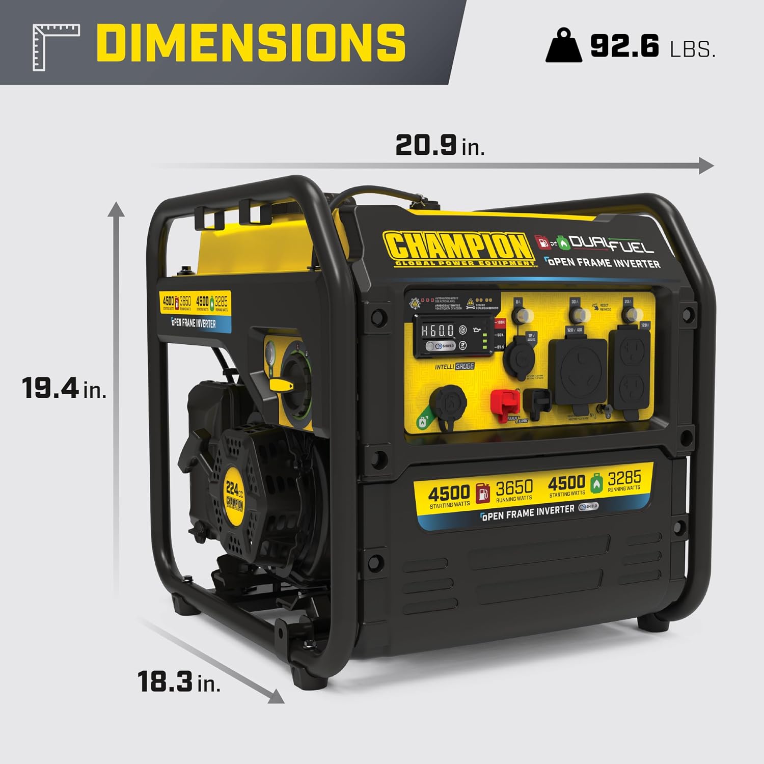 Champion Power Equipment 4,500-Watt Electric Start Dual Fuel RV Ready Portable Open Frame Inverter Generator with Quiet Technology and Free 3-Year Warranty