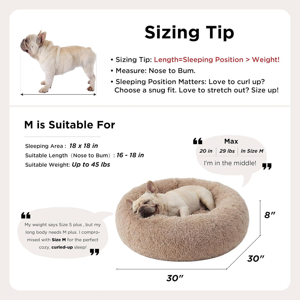 Bedsure Calming Dog Bed Medium Size Dog - Donut Washable Medium Pet Bed, 30 inches Anti-Slip Round Fluffy Plush Faux Fur Cat Bed, Fits up to 45 lbs Pets, Camel
