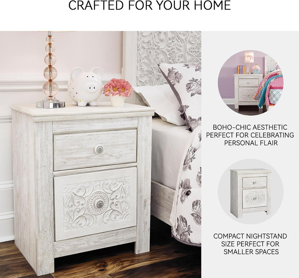 Signature Design by Ashley Paxberry Boho 2 Drawer Nightstand with 2 Slim-Profile USB Charging Ports, 29.21" Tall, Whitewash