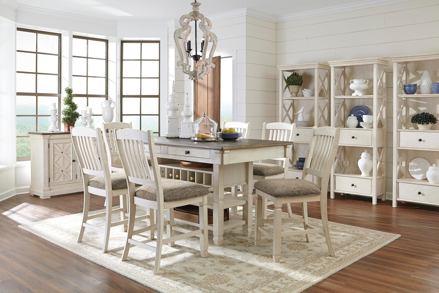 Signature Design by Ashley Bolanburg French Country Dining Room Server, 3 Doors, 2 Adjustable Shelves, Wood, 57.88" W x 18.13" D x 36" H, 2-tone White & Brown