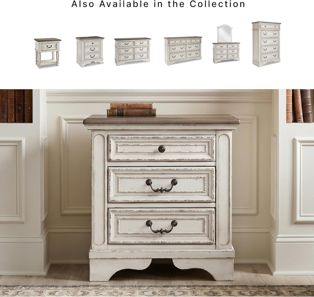 Signature Design by Ashley Realyn Nightstand with USB Charging Station, French Country 3 Drawer Bedside Table for Bedroom, Veneers, Wood and Engineered Wood, with Cast Resin Components, 27 Inches