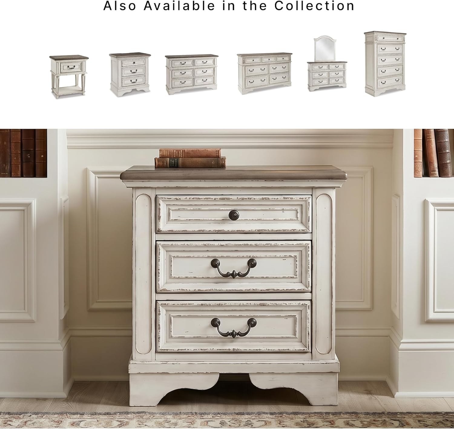 Signature Design by Ashley Realyn Nightstand with USB Charging Station, French Country 3 Drawer Bedside Table for Bedroom, Veneers, Wood and Engineered Wood, with Cast Resin Components, 27 Inches