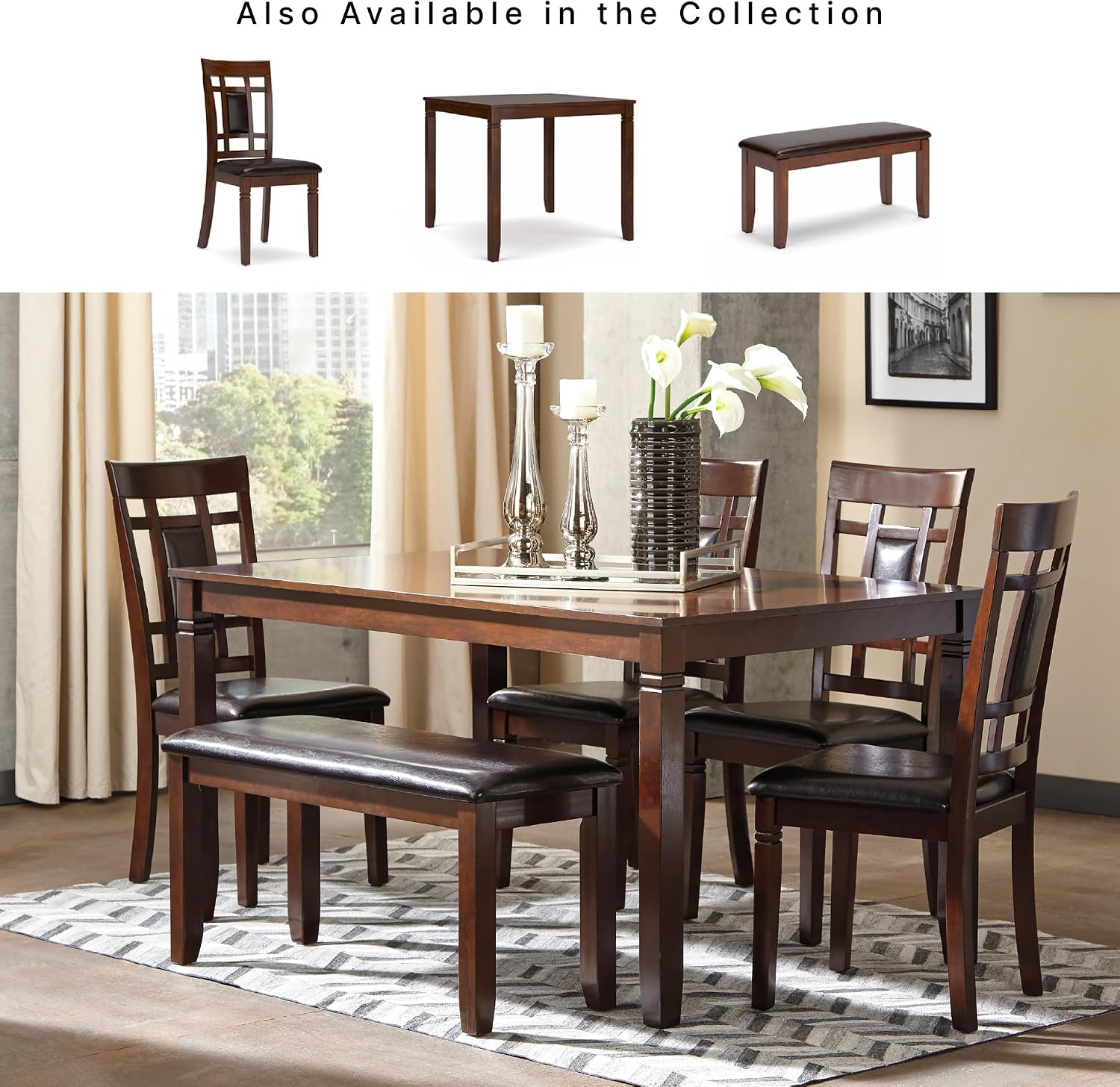 Signature Design by Ashley Bennox 6 Piece Dining Set with Upholstered Bench, Table & 4 Upholstered Chairs, Seats 6, Wood, Brown