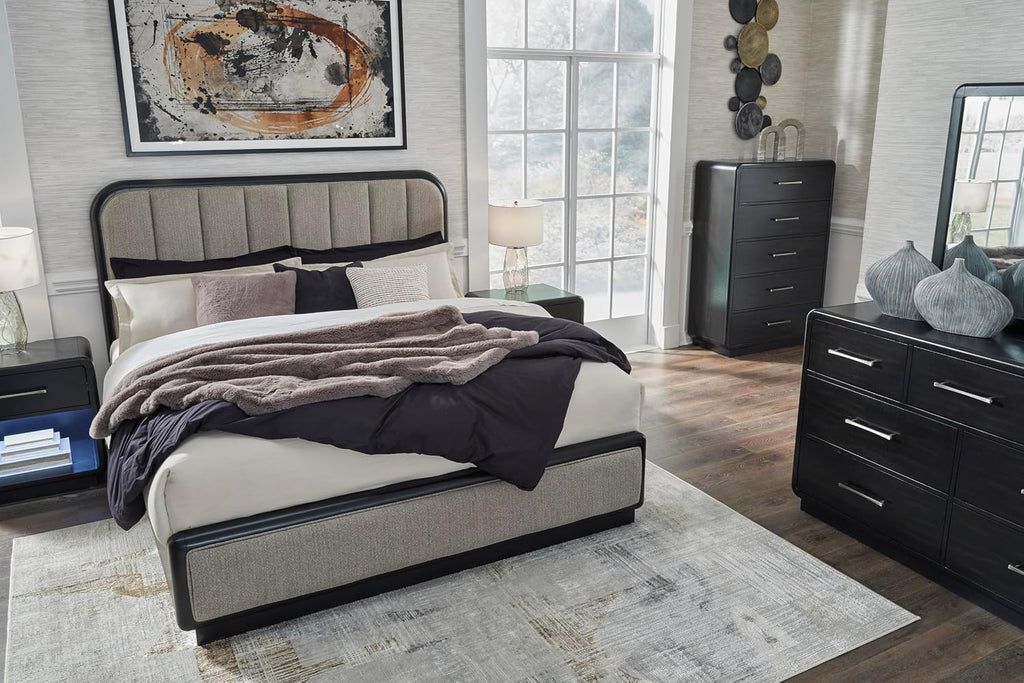 Signature Design by Ashley Rowanbeck Modern Seven-Drawer Dresser with Waterfall Edges, Nickel-Tone Hardware, Wood and Ash Veneer, Black Finish, 63.75' W