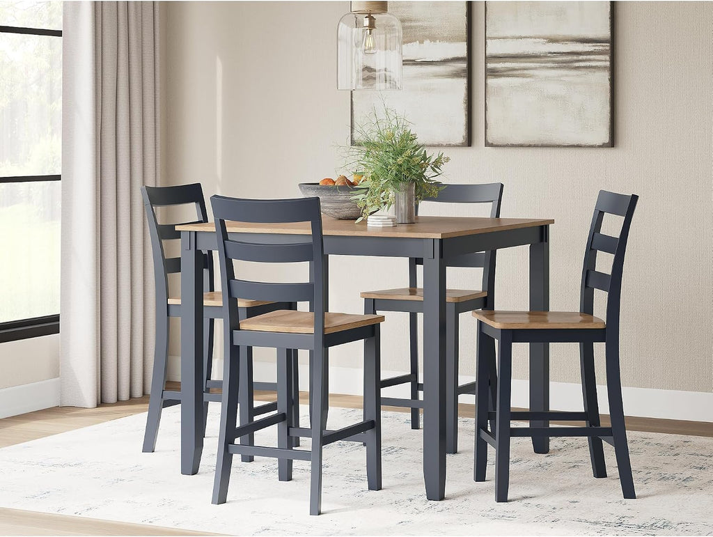 Signature Design by Ashley Gesthaven Counter Height Dining Table Set 4 Bar Stools, Butcher Block Veneer Top, Natural Mango Wood and Dark Slate Blue, 41.88" Square