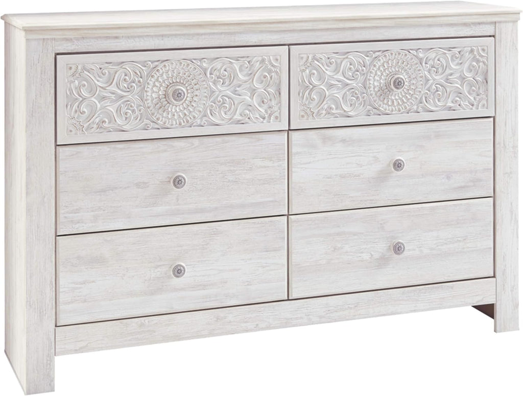 Signature Design by Ashley Paxberry Boho 6 Drawer Dresser, Smooth-gliding Faux Laminate Lined Drawers, Wood, 61.26" W x 15.83" D x 40" H, Whitewash
