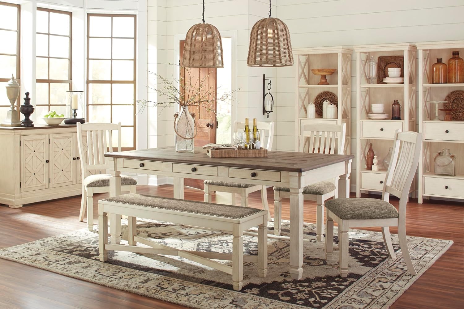 Signature Design by Ashley Bolanburg French Country Dining Room Server, 3 Doors, 2 Adjustable Shelves, Wood, 57.88" W x 18.13" D x 36" H, 2-tone White & Brown