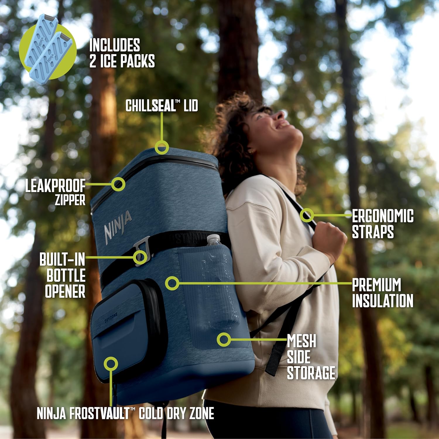 Ninja | Backpack Cooler | FrostVault Go 24 Can Soft Cooler | Leakproof Zipper with Built in Can Opener, 2 Ice Packs & Dry Storage Drawer | for Hiking, Camping & More | Lakeshore Blue | FF124NV