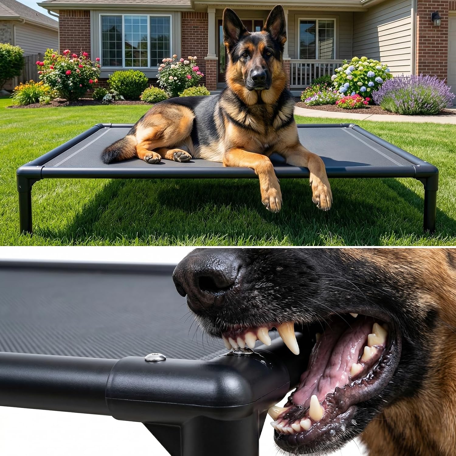 suddus Elevated Dog Bed for Large Dogs 120lb, Breathable Cooling Raised Dog Cot with Dual Support Bars & Metal Frame, No-Slip Feet, Waterproof Pet Bed for Indoor/Outdoor, X-Large, 48 * 36 * 9in, Grey