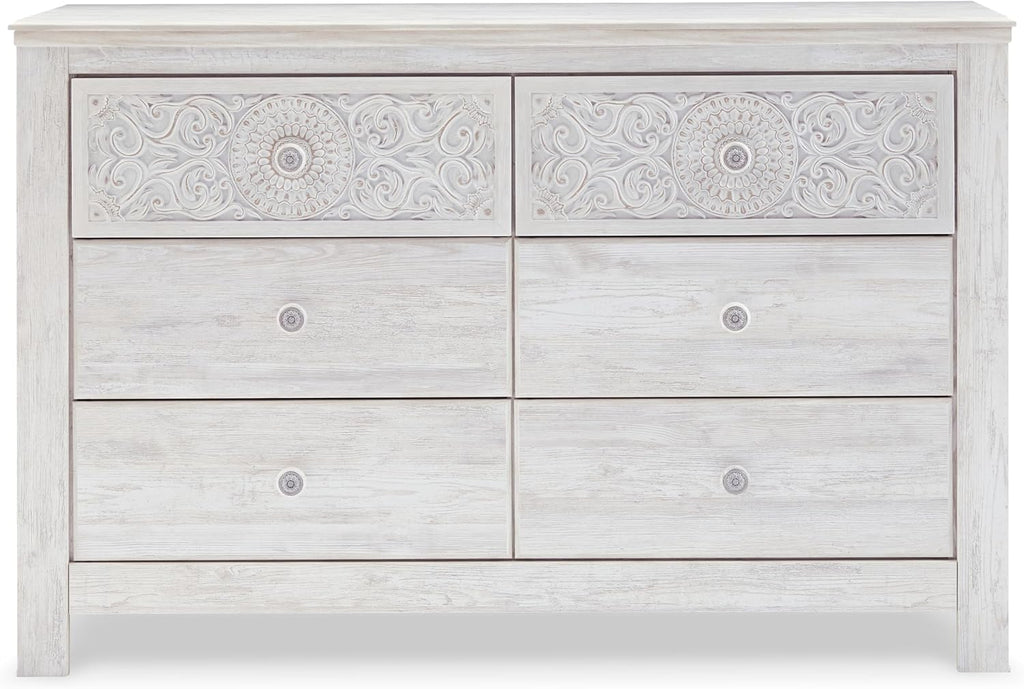 Signature Design by Ashley Paxberry Boho 6 Drawer Dresser, Smooth-gliding Faux Laminate Lined Drawers, Wood, 61.26" W x 15.83" D x 40" H, Whitewash