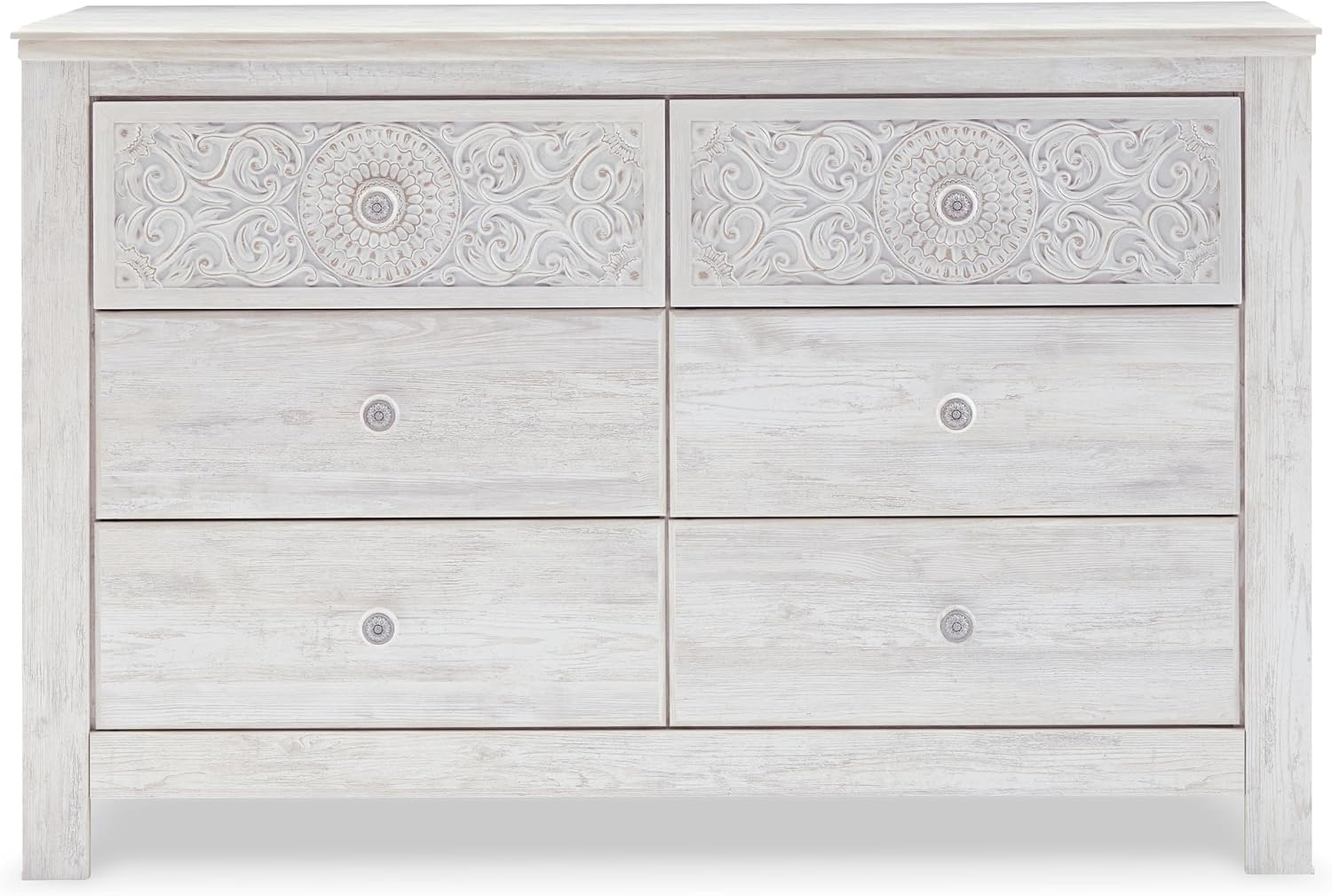Signature Design by Ashley Paxberry Boho 6 Drawer Dresser, Smooth-gliding Faux Laminate Lined Drawers, Wood, 61.26" W x 15.83" D x 40" H, Whitewash