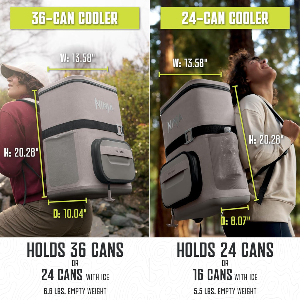 Ninja | Backpack Cooler | FrostVault Go 36 Can Soft Cooler | Leakproof Zipper with Built in Can Opener, 2 Ice Packs & Dry Storage Drawer | for Hiking, Camping & More | Birch Beige | FF136CS