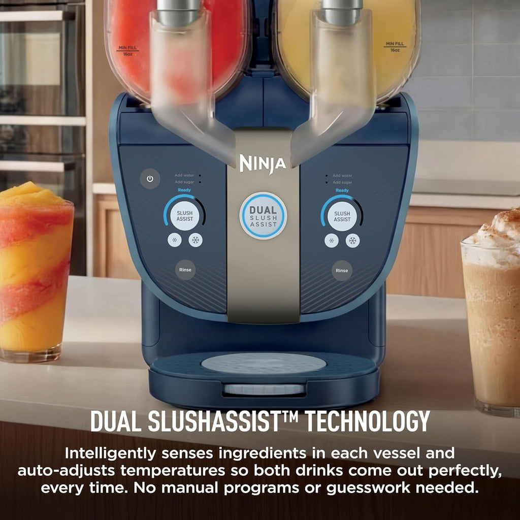 Ninja SLUSHi Twist Smart Frozen Drink Maker with Dual SlushAssist | Dual Barrel for 2 Flavors at Once | 144 oz |14 Temperature Controls, Frozen Cocktails, Margaritas, Slushies & More | Blue | FS701BL