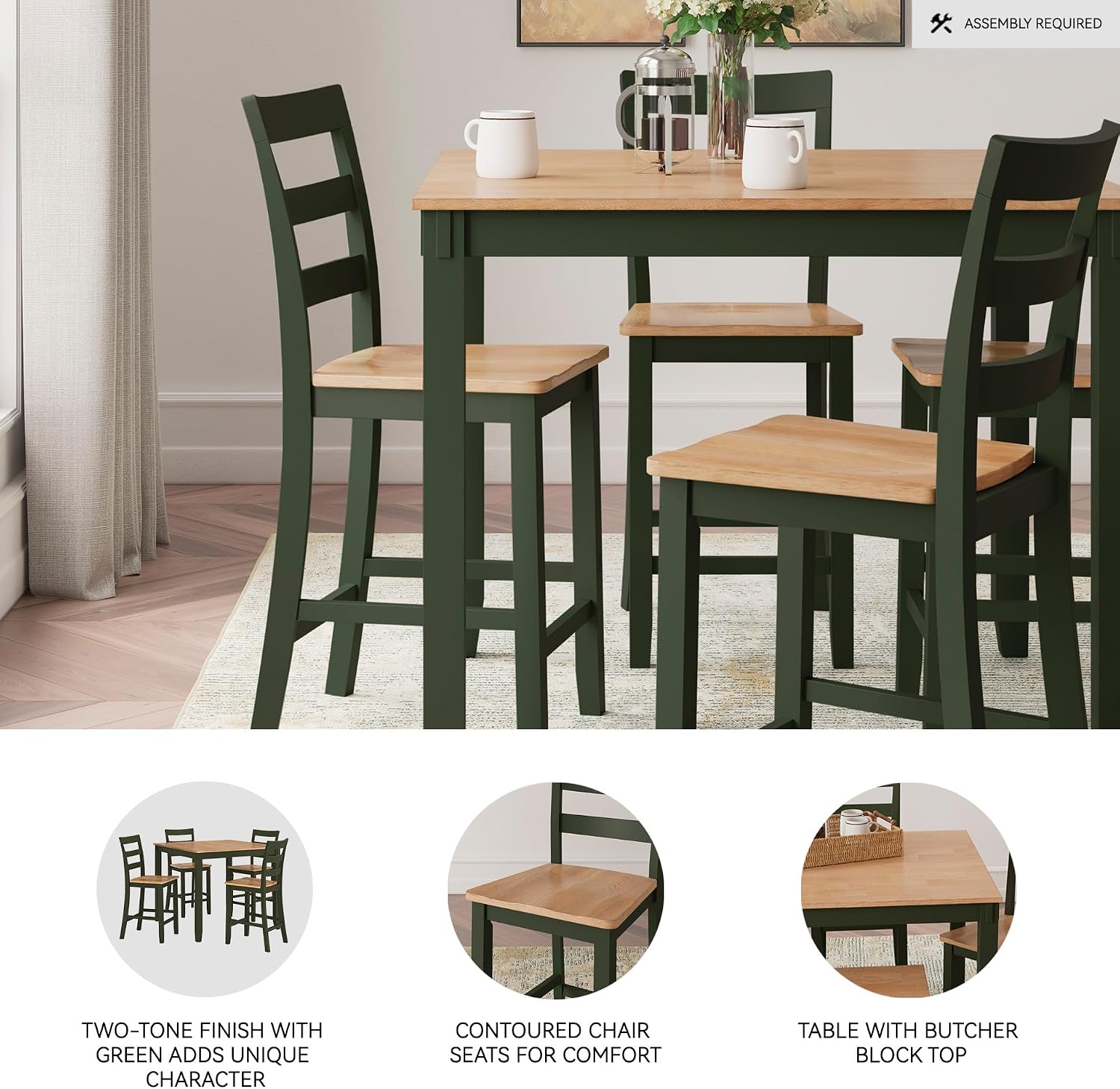 Signature Design by Ashley Gesthaven Counter Height Dining Set, 5-Piece Bar Table and Chairs Set with Butcher Block Top, Casual Green and Light Natural Mango Wood