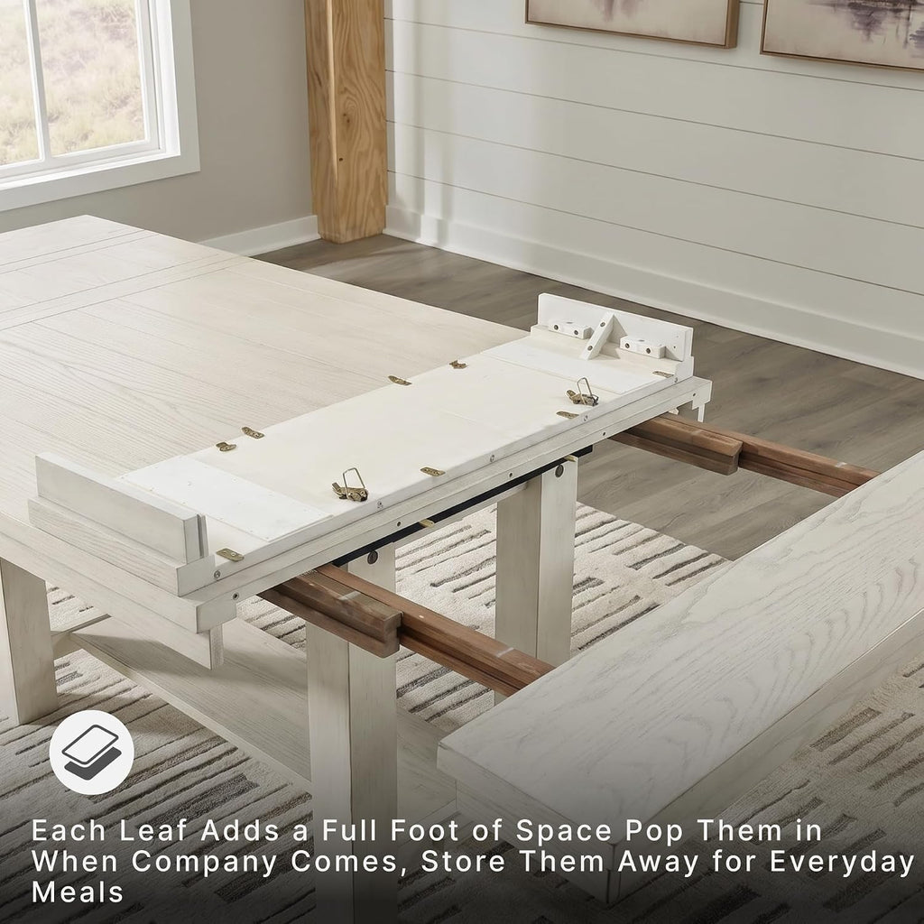 Signature Design by Ashley Robbinsdale Casual Removable Center Leaf Dining Extension Table with Trestle Base, Wood, Ash Veneer, Tabletop with Planked Effect, 2 Removable Center Leaves, Seats 8, White