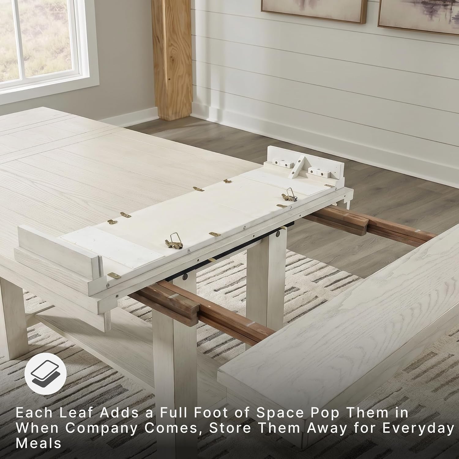 Signature Design by Ashley Robbinsdale Casual Removable Center Leaf Dining Extension Table with Trestle Base, Wood, Ash Veneer, Tabletop with Planked Effect, 2 Removable Center Leaves, Seats 8, White