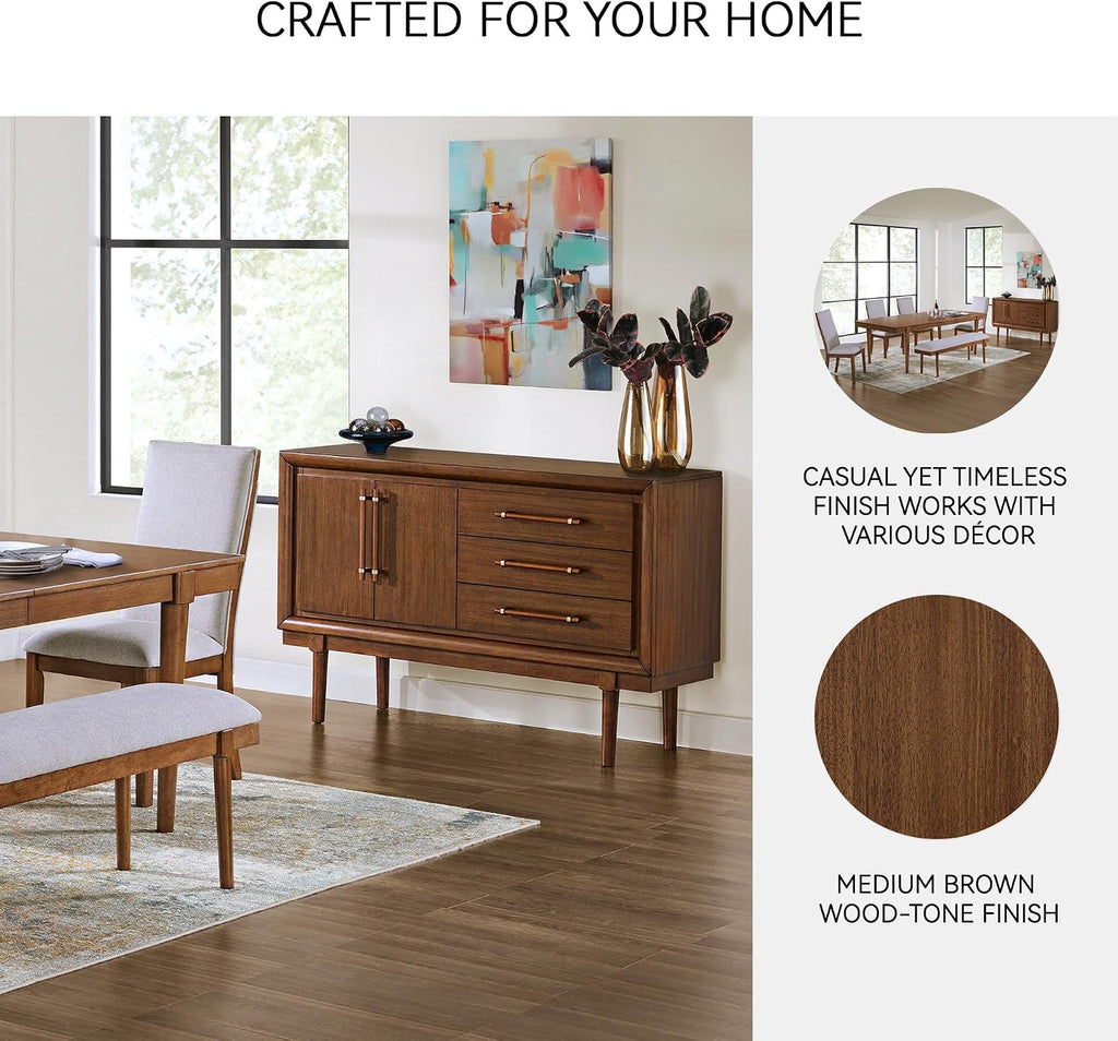 Signature Design by Ashley Lyncott Contemporary 2-Door Dining Server with Fixed Shelf and Felt-Lined Drawers, Light Brown