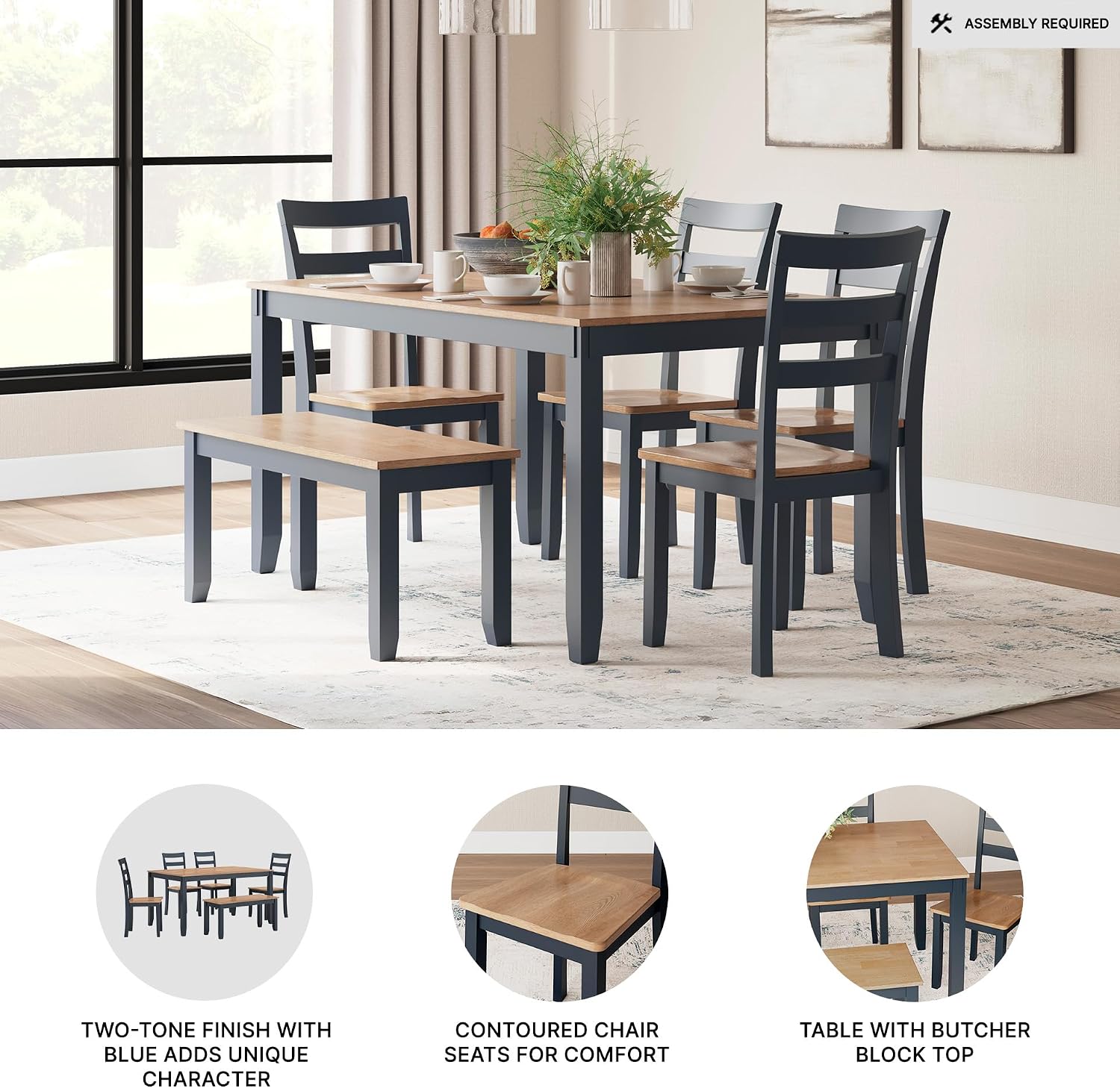 Signature Design by Ashley Gesthaven Casual Dining Room Table Set with 4 Chairs and Bench, Set of 6, Mango Wood, 30.25" Table Height, Blue & Light Brown