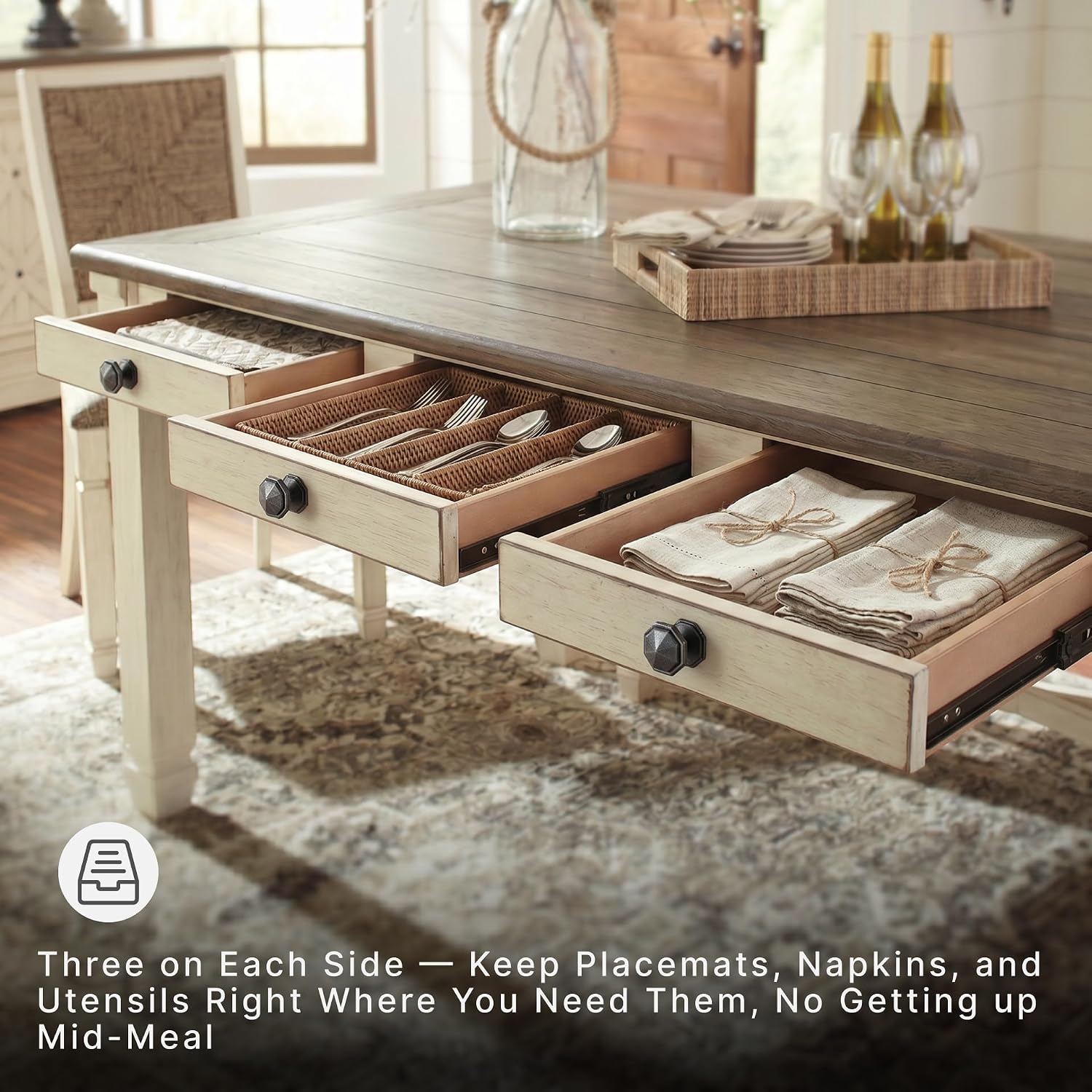 Signature Design by Ashley Bolanburg Dining Table, 2-Tone Farmhouse Style With 6 Built-In Storage Drawers, Wood & Engineered Wood Construction, Seats Up To 6, White/Brown