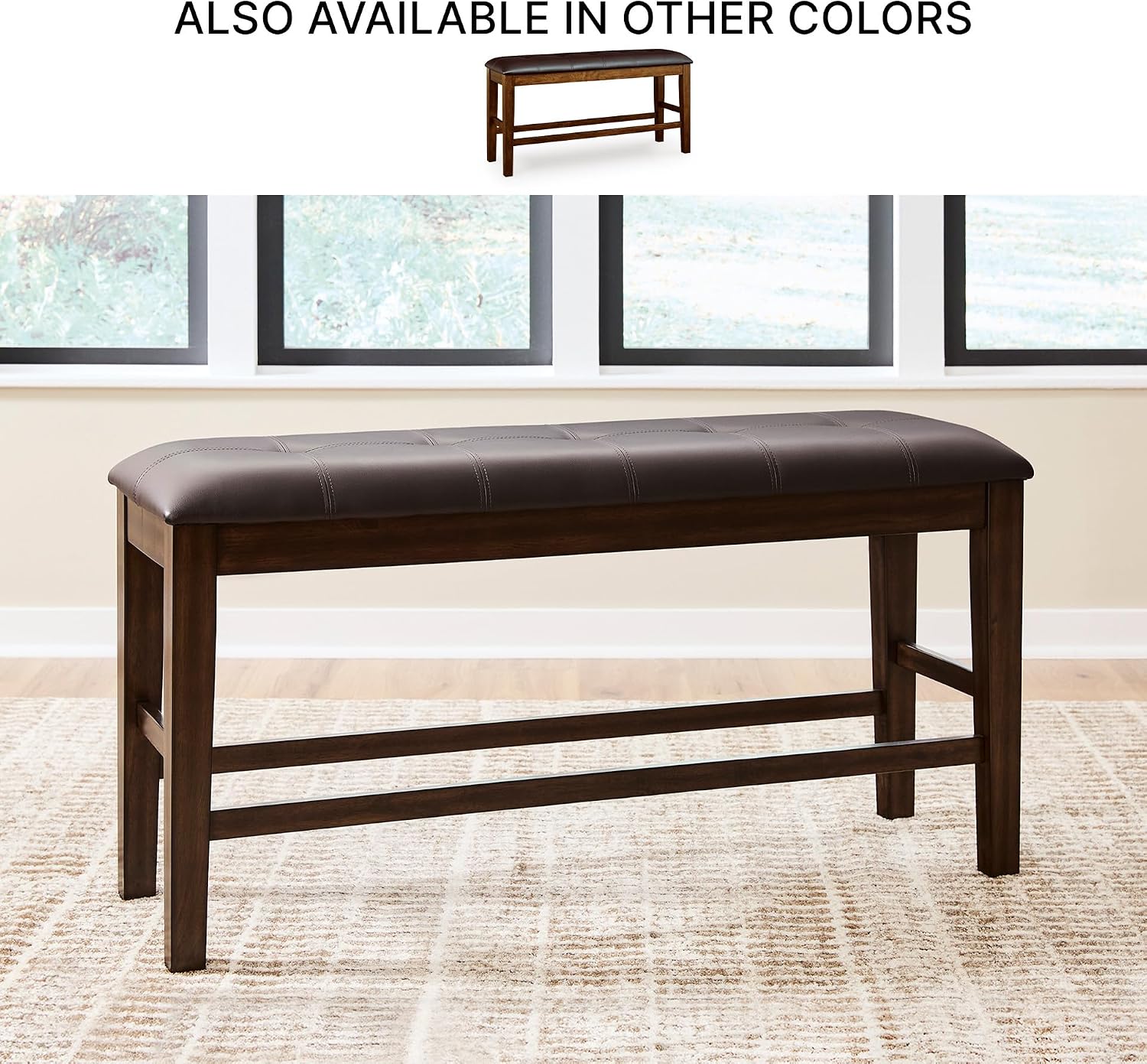 Signature Design by Ashley Haddigan Casual Tufted Faux Leather Upholstered Counter Height Dining Bench with Oak Finish, Dark Brown
