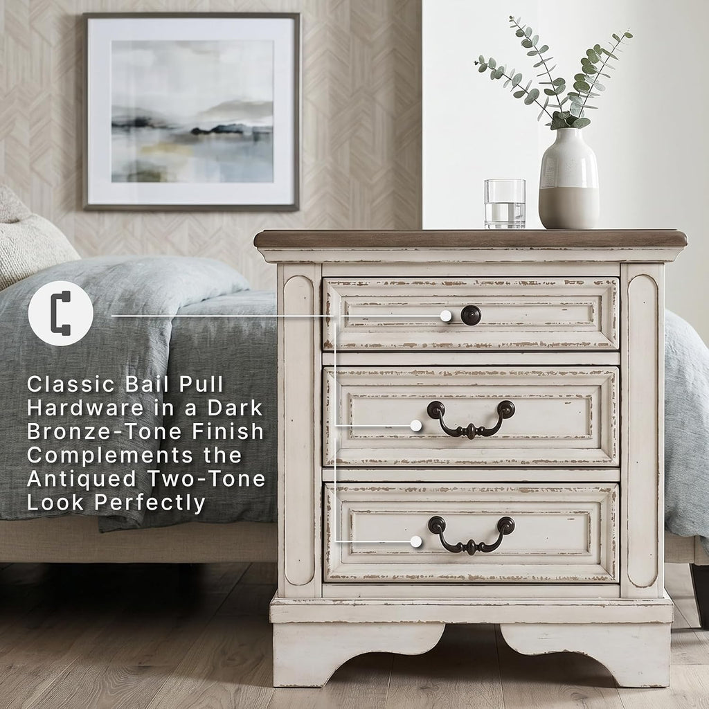 Signature Design by Ashley Realyn Nightstand with USB Charging Station, French Country 3 Drawer Bedside Table for Bedroom, Veneers, Wood and Engineered Wood, with Cast Resin Components, 27 Inches