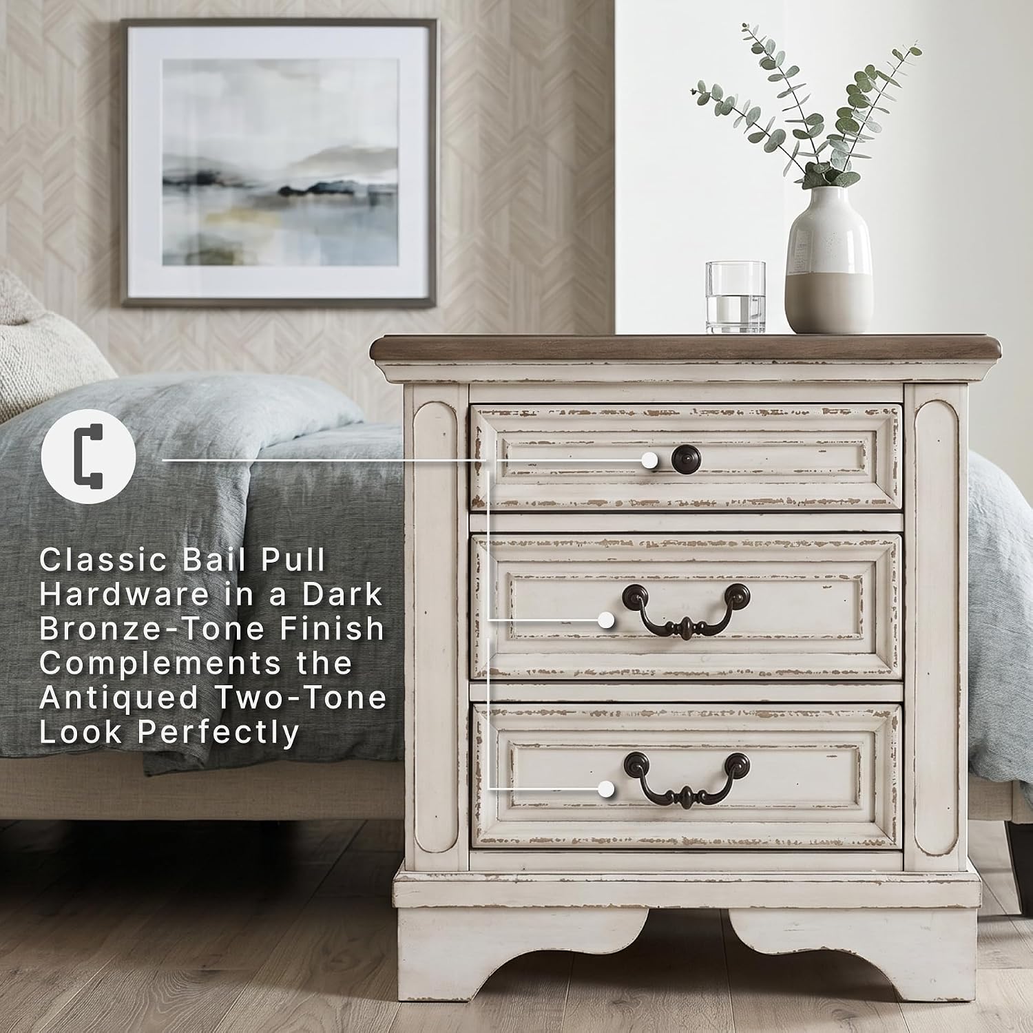 Signature Design by Ashley Realyn Nightstand with USB Charging Station, French Country 3 Drawer Bedside Table for Bedroom, Veneers, Wood and Engineered Wood, with Cast Resin Components, 27 Inches