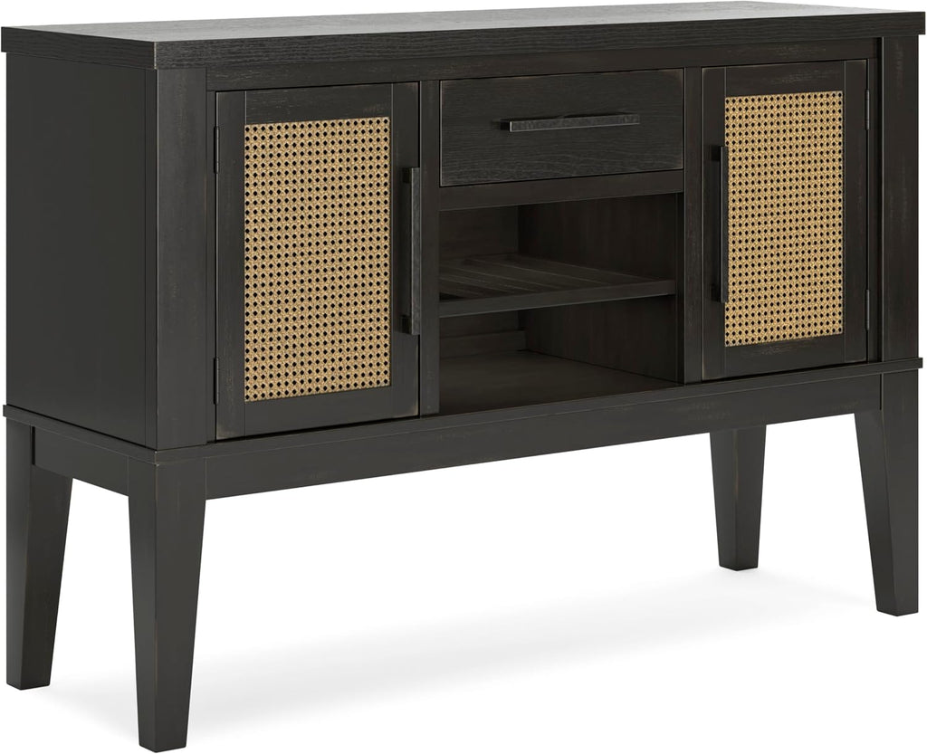 Signature Design by Ashley Galliden Urban 2-Door Dining Server with Reversible Wine Rack Shelf, Adjustable Shelves and Felt-Lined Drawer, Black & Light Brown