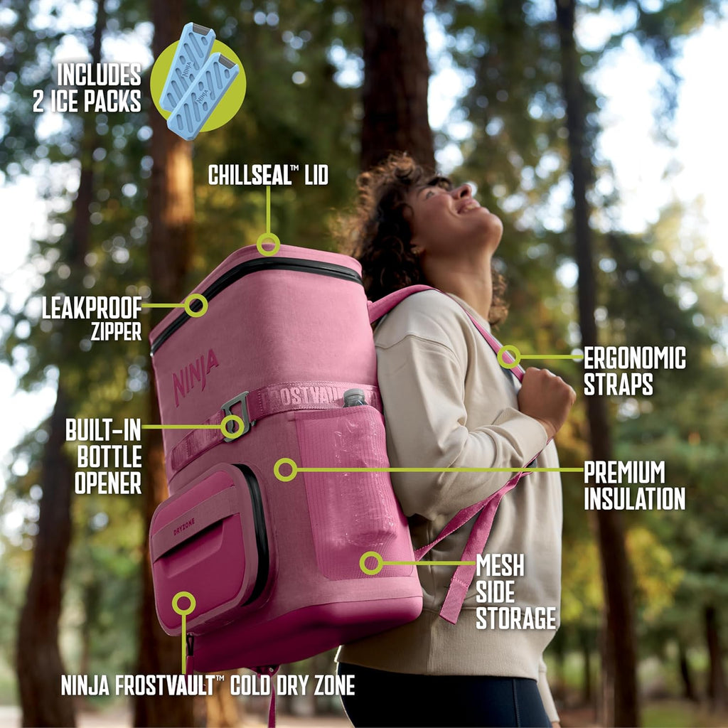 Ninja FrostVault Go Backpack Soft Cooler with Cold Dry Zone Storage, Ergonomic Backpack Straps for Lightweight Carrying, Premium Heavy Duty Insulated Cooler, Keeps Ice for Hours, Petal Pink, FF124PK