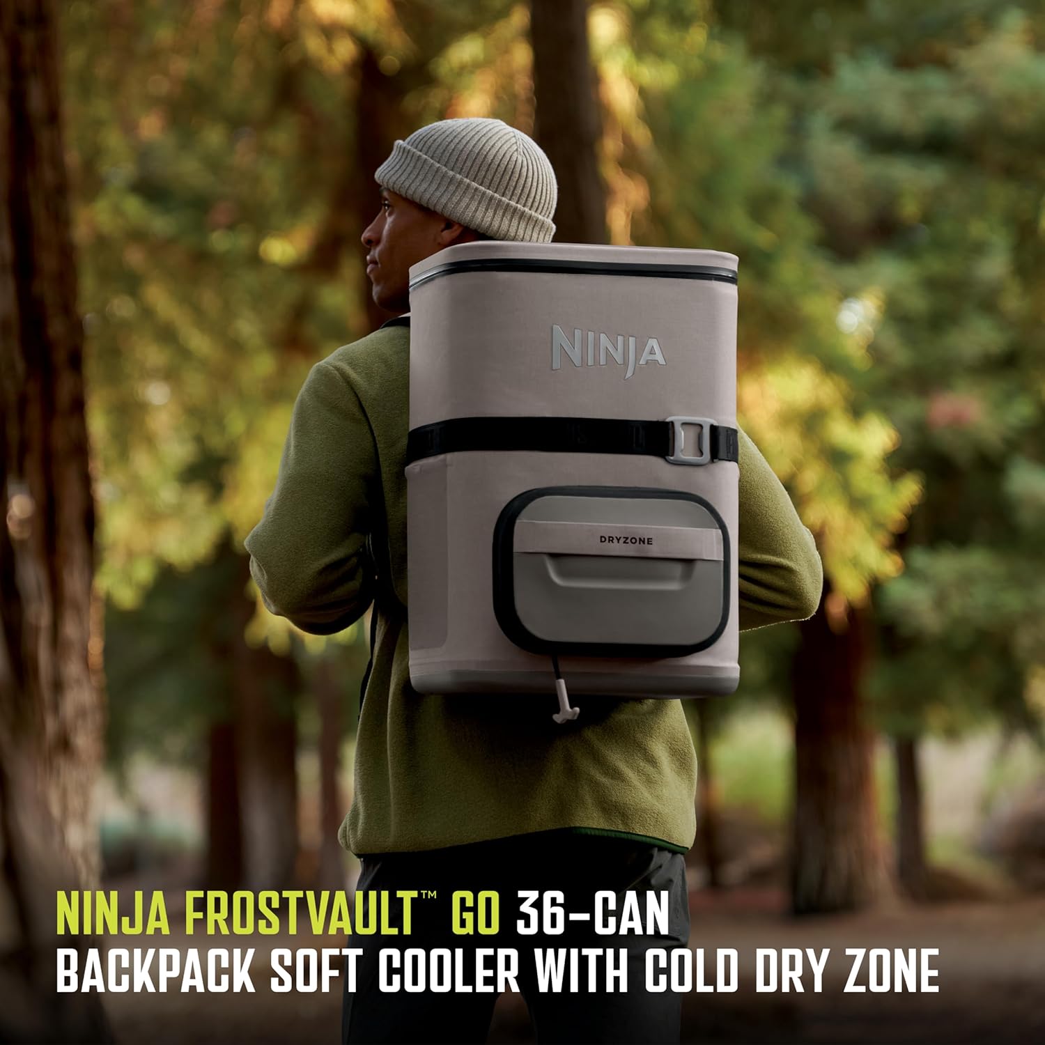 Ninja | Backpack Cooler | FrostVault Go 36 Can Soft Cooler | Leakproof Zipper with Built in Can Opener, 2 Ice Packs & Dry Storage Drawer | for Hiking, Camping & More | Birch Beige | FF136CS
