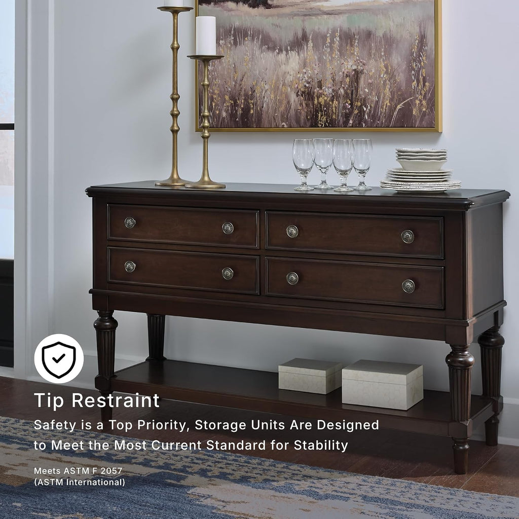 Signature Design by Ashley Lavinton Classic 4-Drawer Dining Server with Open Shelf, Dark Brown
