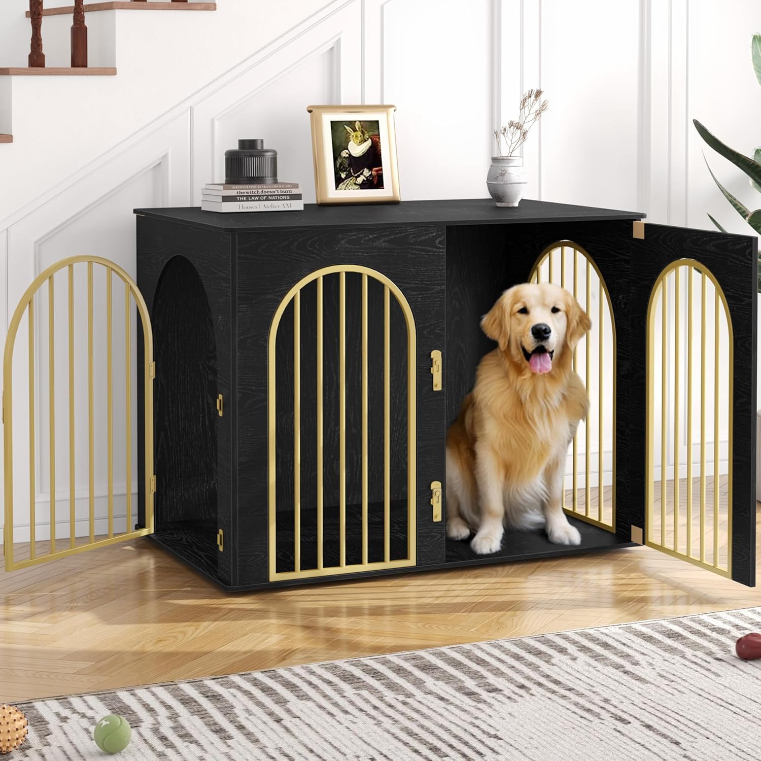 Hzuaneri 31.5'' Wooden Dog Crate Furniture, Indoor Dog Kennel Dogs Cage for Small/Medium Dogs, Heavy Duty Dog Crates Decorative Pet House End Side Table TV Stand, White Brown DFC85114B