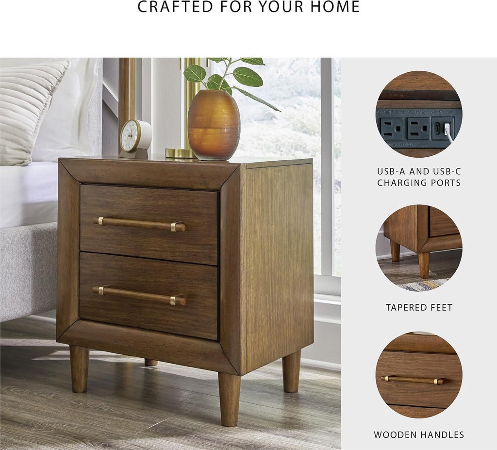 Signature Design by Ashley Lyncott 2 Drawer Nightstand, Power Supply, USB-A and USB-C Ports, Hardwood Solids, 24.63" W x 17" D x 26.88" H, Medium Brown