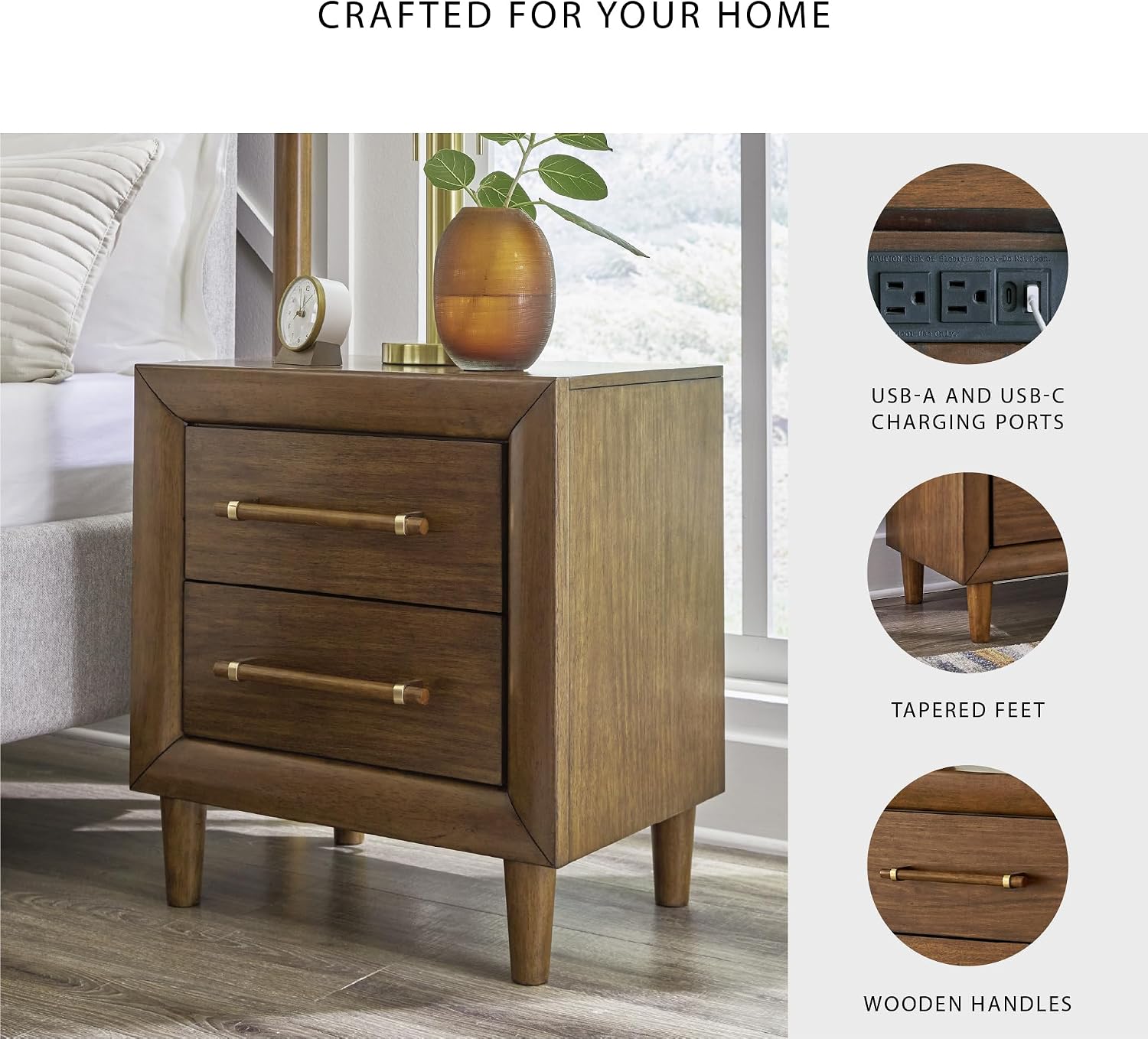 Signature Design by Ashley Lyncott 2 Drawer Nightstand, Power Supply, USB-A and USB-C Ports, Hardwood Solids, 24.63" W x 17" D x 26.88" H, Medium Brown