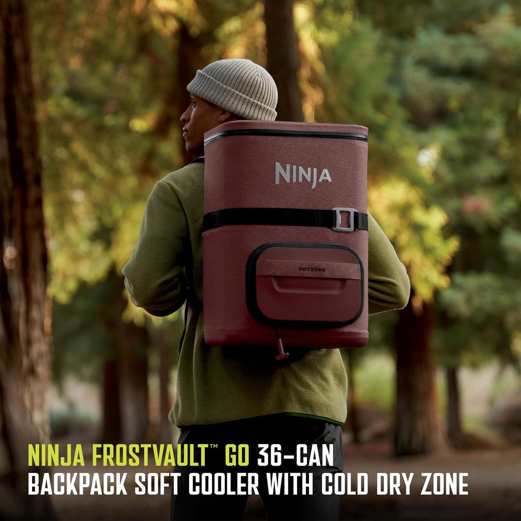 Ninja | Backpack Cooler | FrostVault Go 36 Can Soft Cooler | Leakproof Zipper with Built in Can Opener, 2 Ice Packs & Dry Storage Drawer | for Hiking, Camping & More | Canyon Red | FF136MR