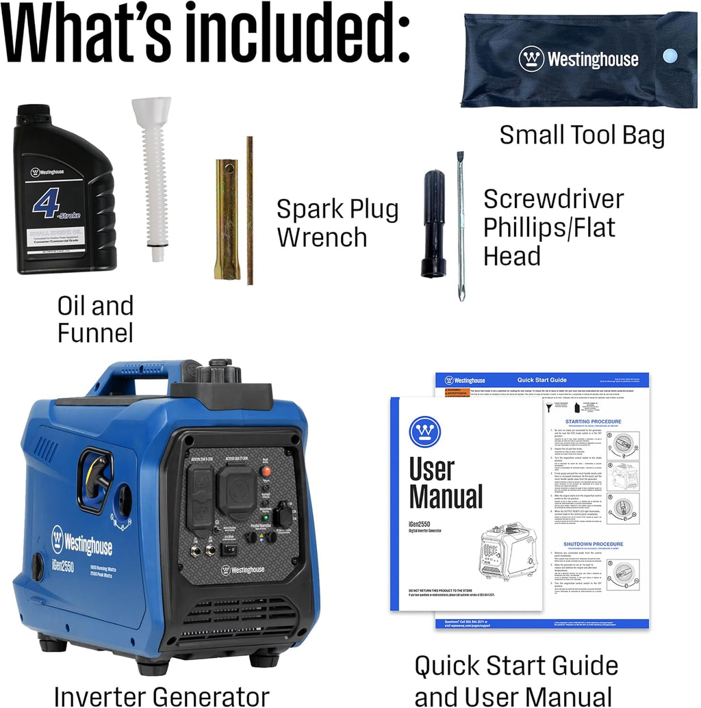 Westinghouse 2550 Peak Watt Super Quiet & Lightweight Portable Inverter Generator, RV Ready 30A Outlet, Gas Powered, Parallel Capable, Long Run Time,Blue
